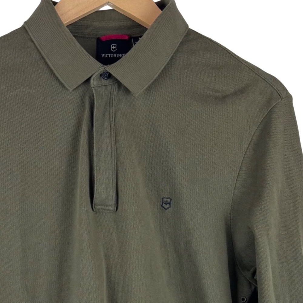 Victorinox Polo Shirt Men Medium Olive Green Long Sleeve Tailored Fit Pique